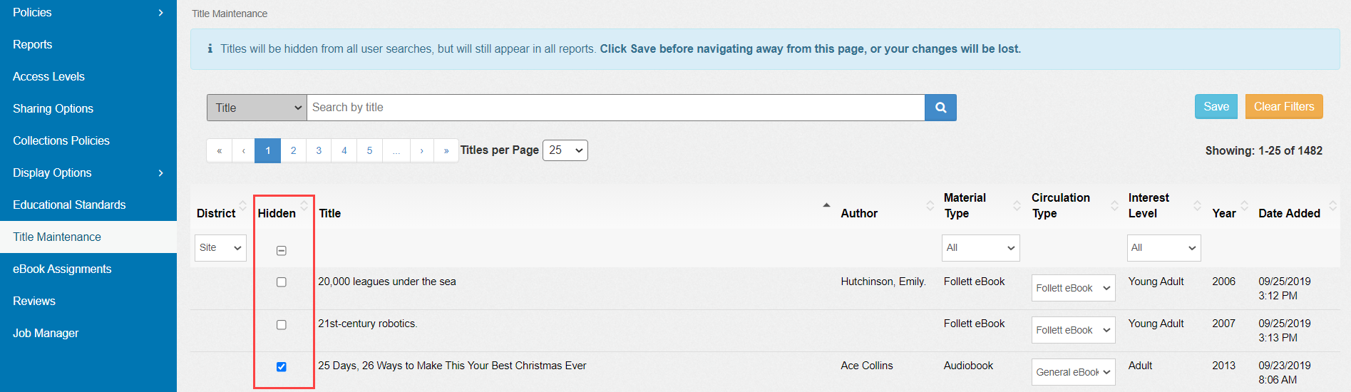 Title Maintenance page with Hidden column highlighted.